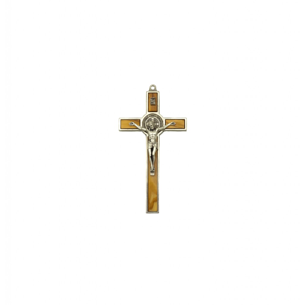 Crucifixo S. Bento Argentado e Mad. Oliveira 13cm