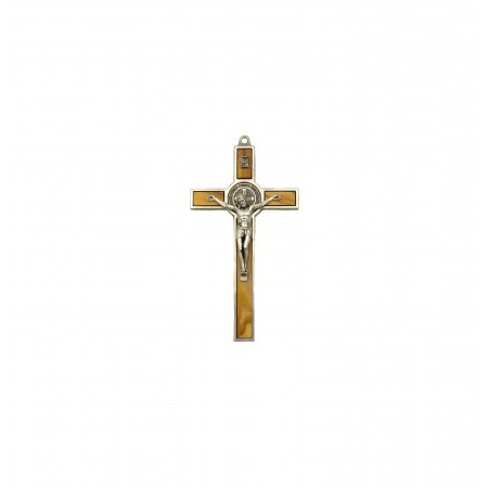 Crucifixo S. Bento Argentado e Mad. Oliveira 13cm