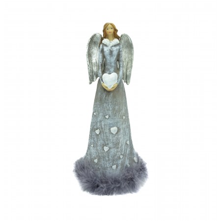 Anjo Cinza e Prateado C/ Coração 36cm C/ Caixa 