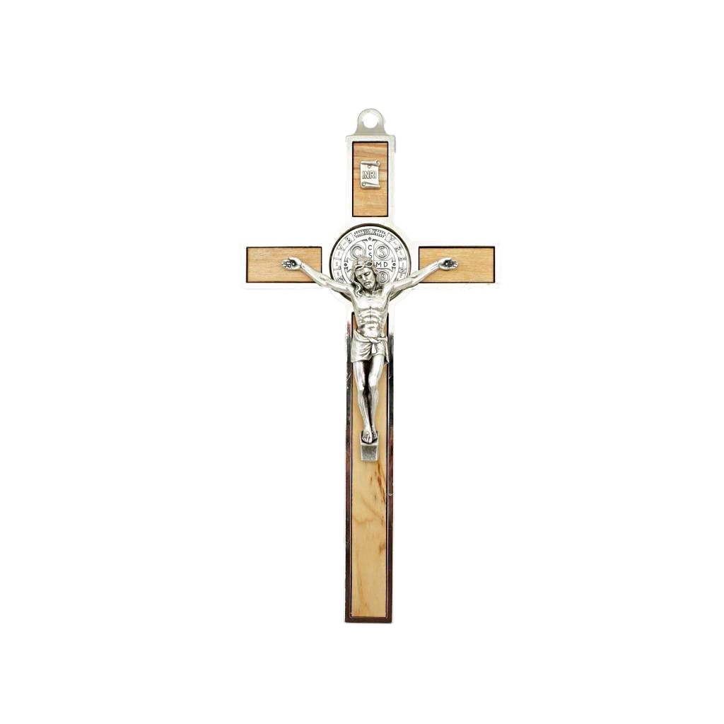 Crucifixo S. Bento Argentado e Mad. Oliveira 20cm