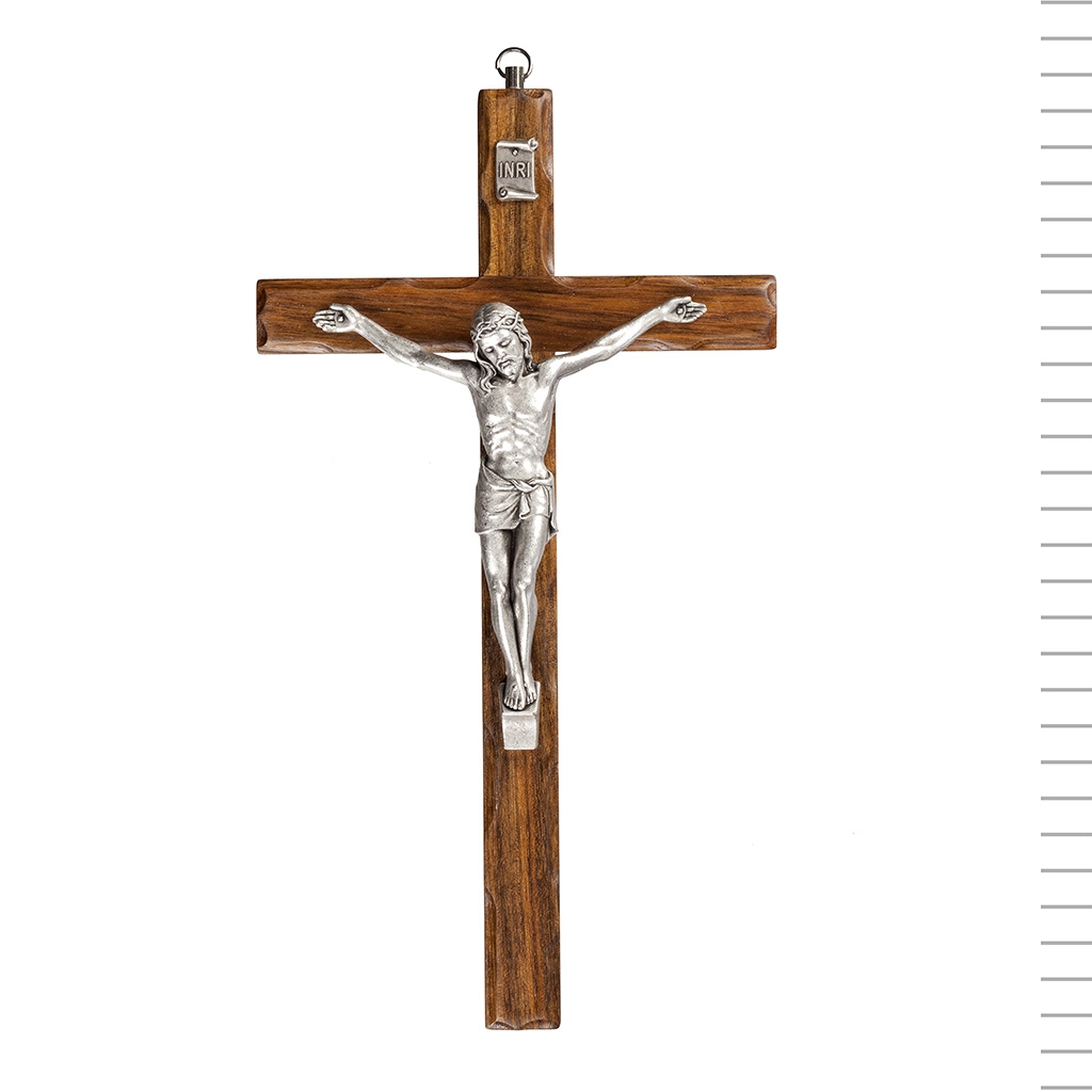 Cruz de Madeira com Cristo Argentado 25cm