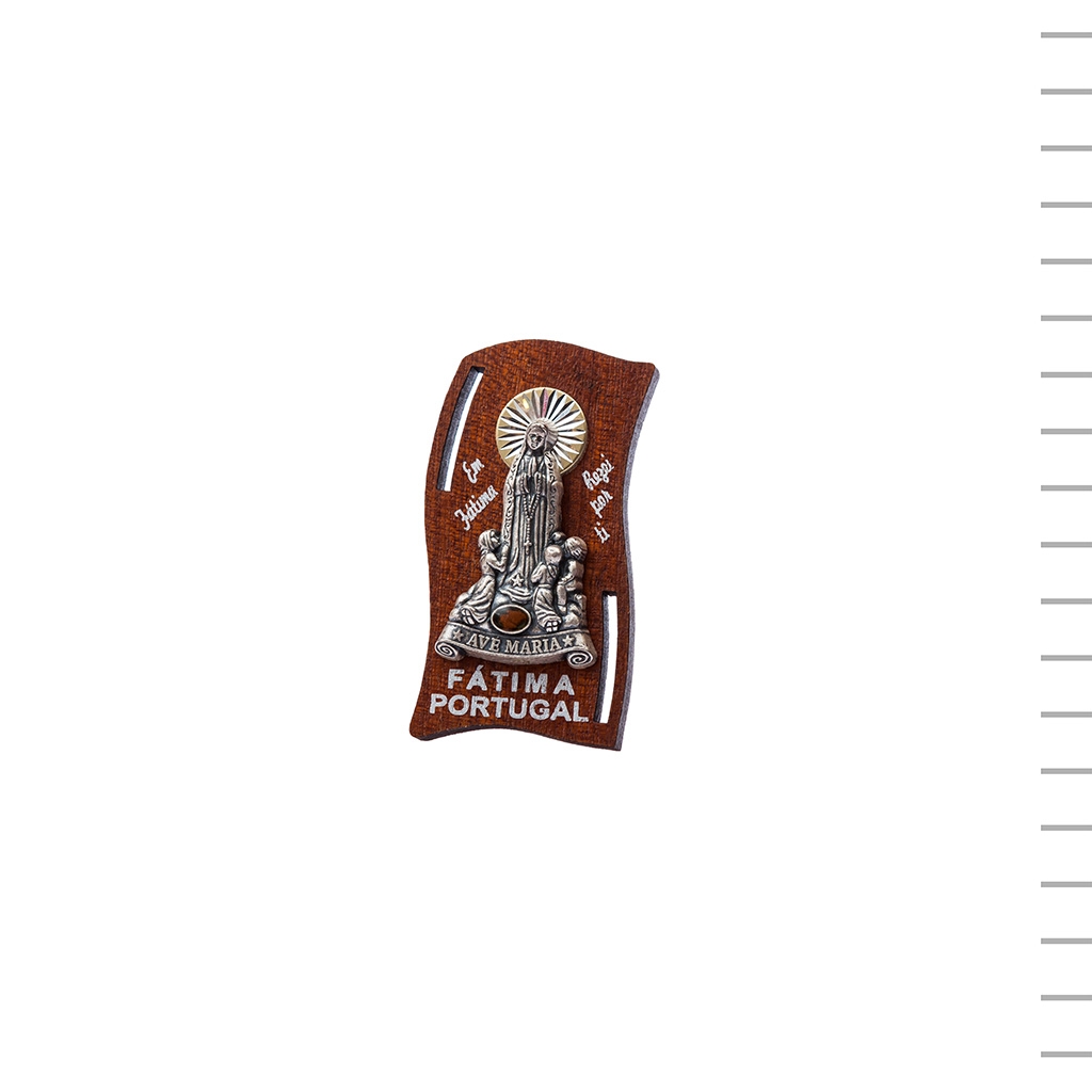 Placa Madeira Friso Fátima Metal com Aureola 7 cm