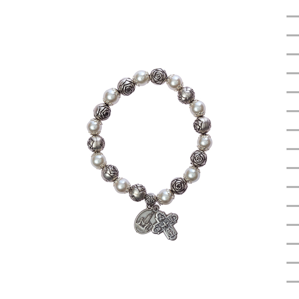 Pulseira Rosa de Alpaca Pérola com Cruz