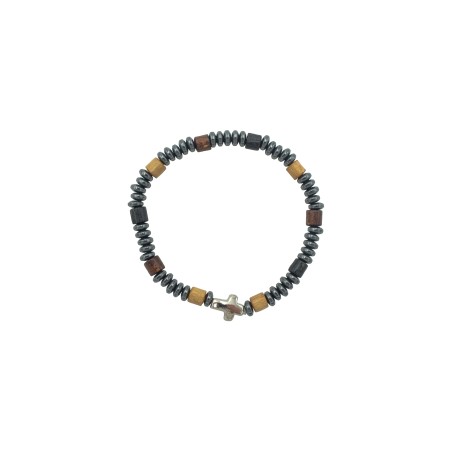 Pulseira Conta Madeira e Hematite C/ Cruz