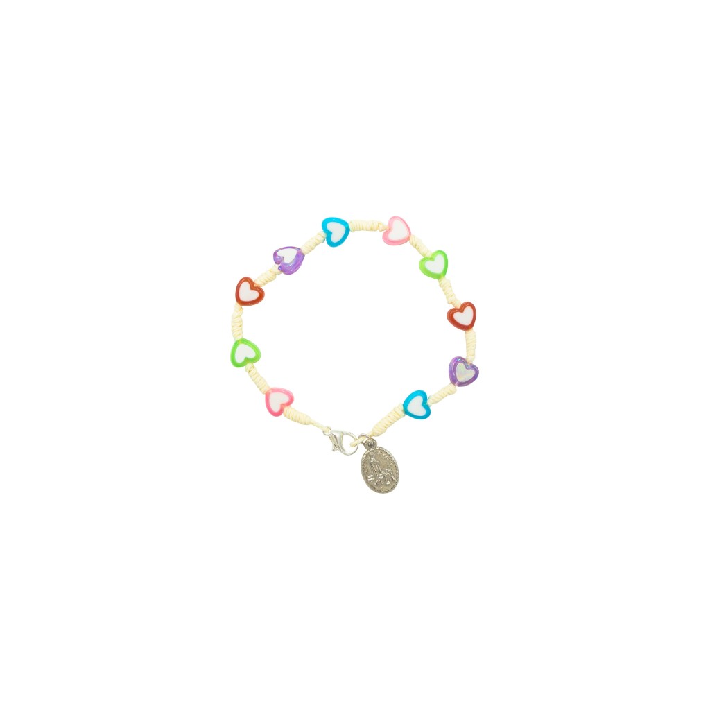 Pulseira Dezena Cordão C/ Corações Coloridos e Fátima