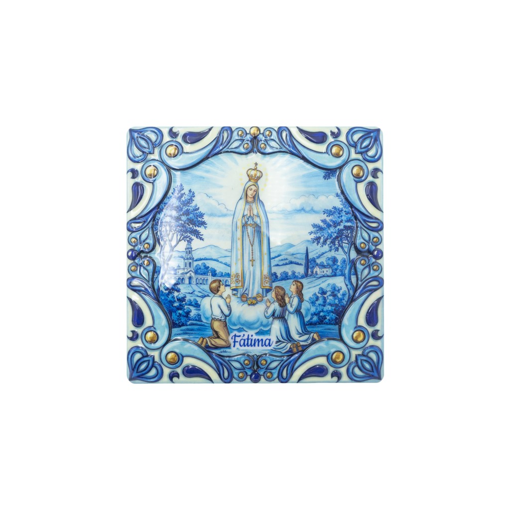 Quadro/ Placa Imit. Azulejo C/ Ap. e Santuário Fátima 20x20cm