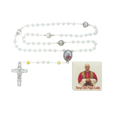 Terço do Papa Leão Cristal C/ Oração Cx. Ilustrada