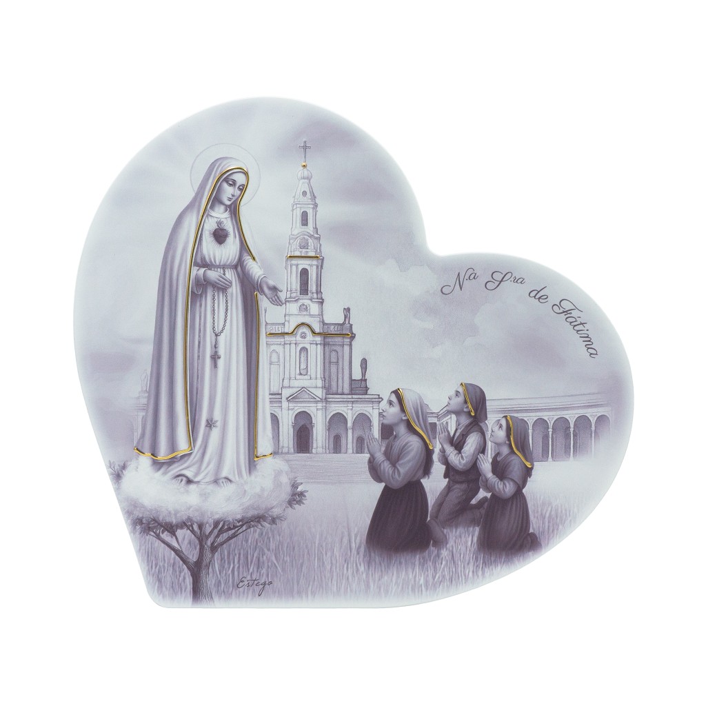 Quadro/ Placa Coração C/ Aparição de Fátima P/B 36x33cm