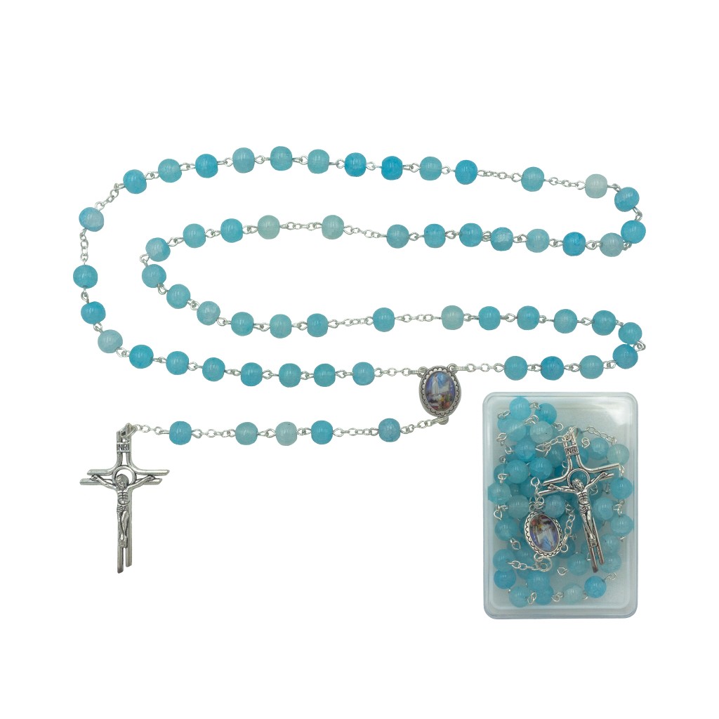 Terço de Fátima Prateado Conta Vidro Div. Cores C/ Cx.