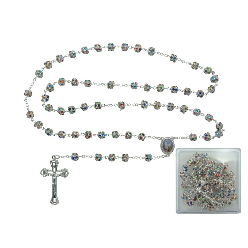 Terço de Fátima Prateado Conta C/ Brilhantes C/ Cx.