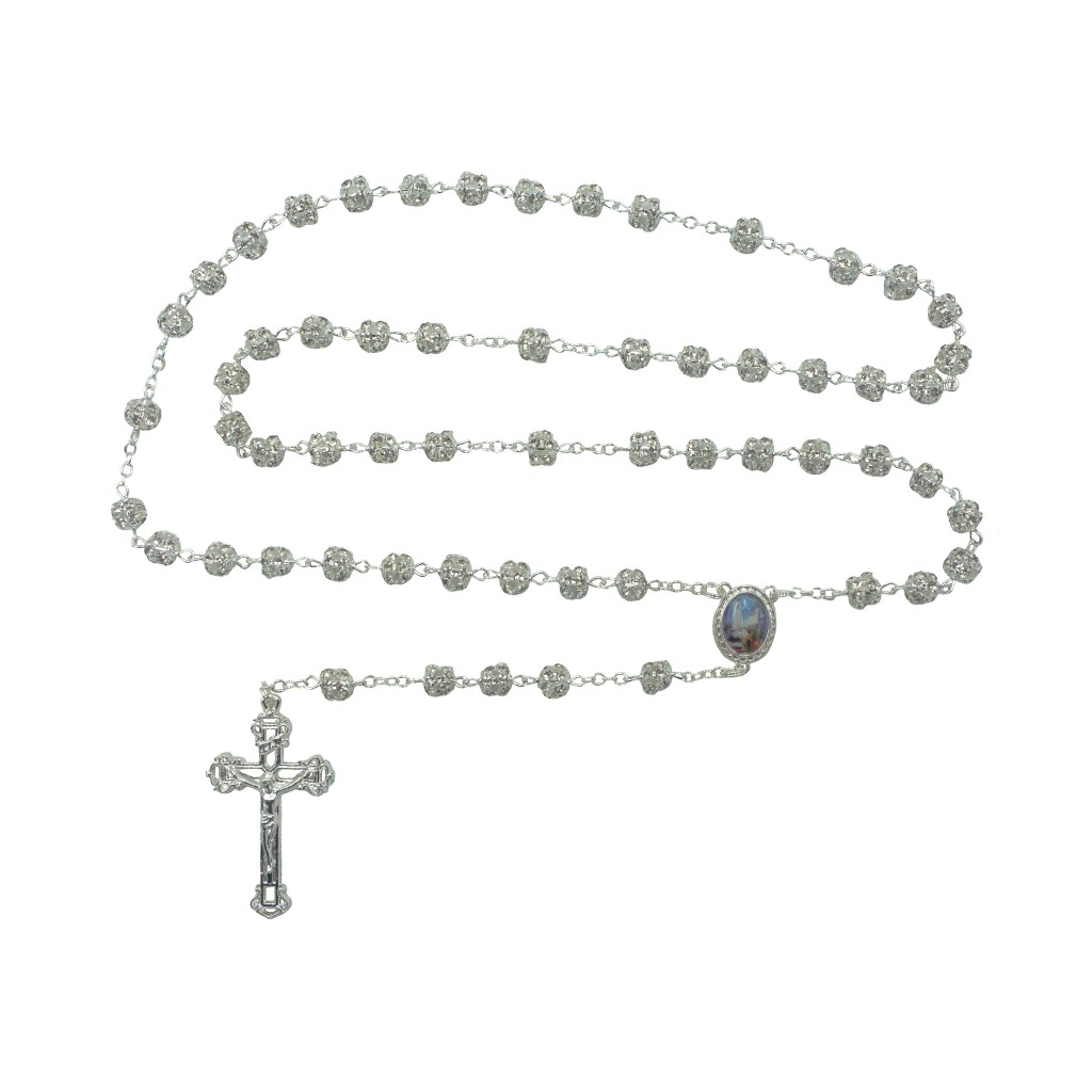 Terço de Fátima Prateado Conta C/ Brilhantes