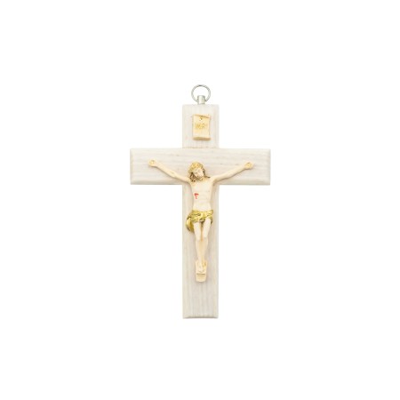 Crucifixo Madeira C/ Cristo Bege+Ouro 13cm
