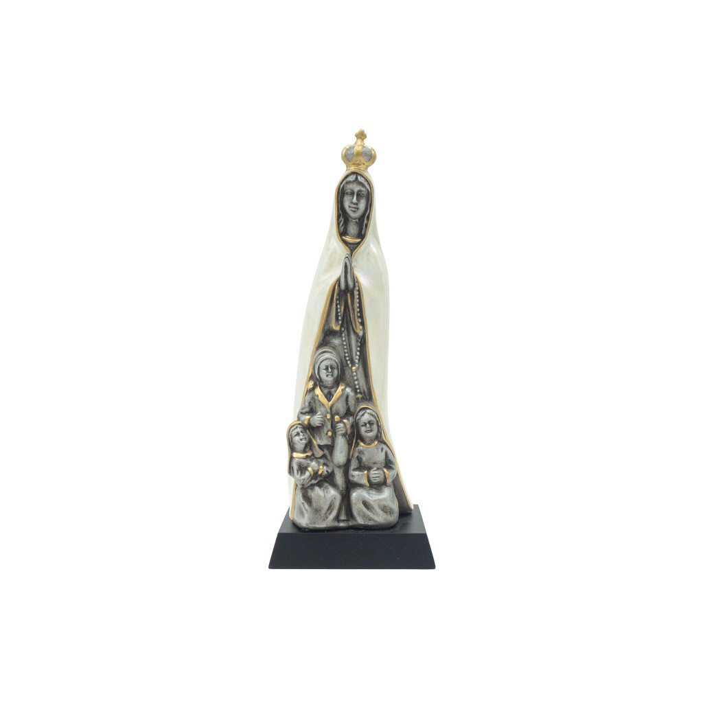 Aparição de Fátima Estilizada Porcelana Prata Pérola 22cm