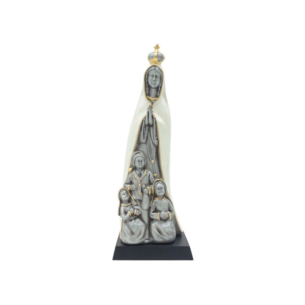 Aparição de Fátima Estilizada Porcelana Prata Pérola 28cm
