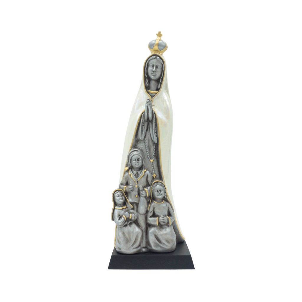 Aparição de Fátima Estilizada Porcelana Prata Pérola 32cm