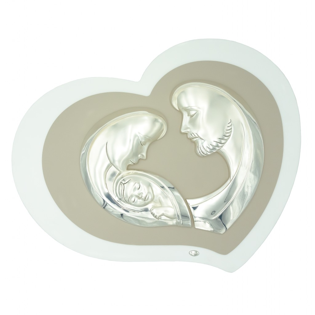 Placa Coração C/ Sagrada Família Argentada 56x45cm