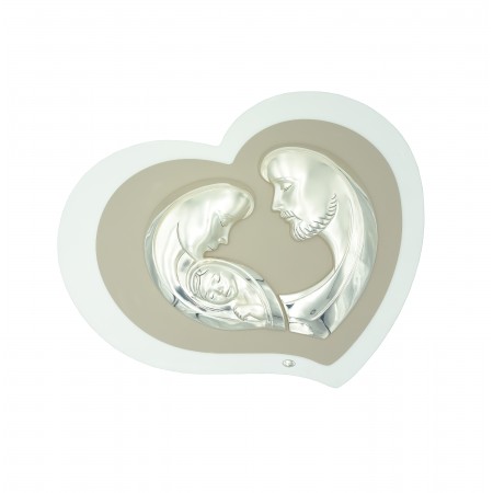 Placa Coração C/ Sagrada Família Argentada 46x37cm