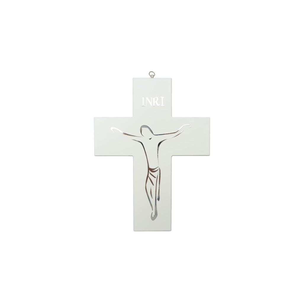 Crucifixo Madeira Branca Cristo Estilizado 12x16cm