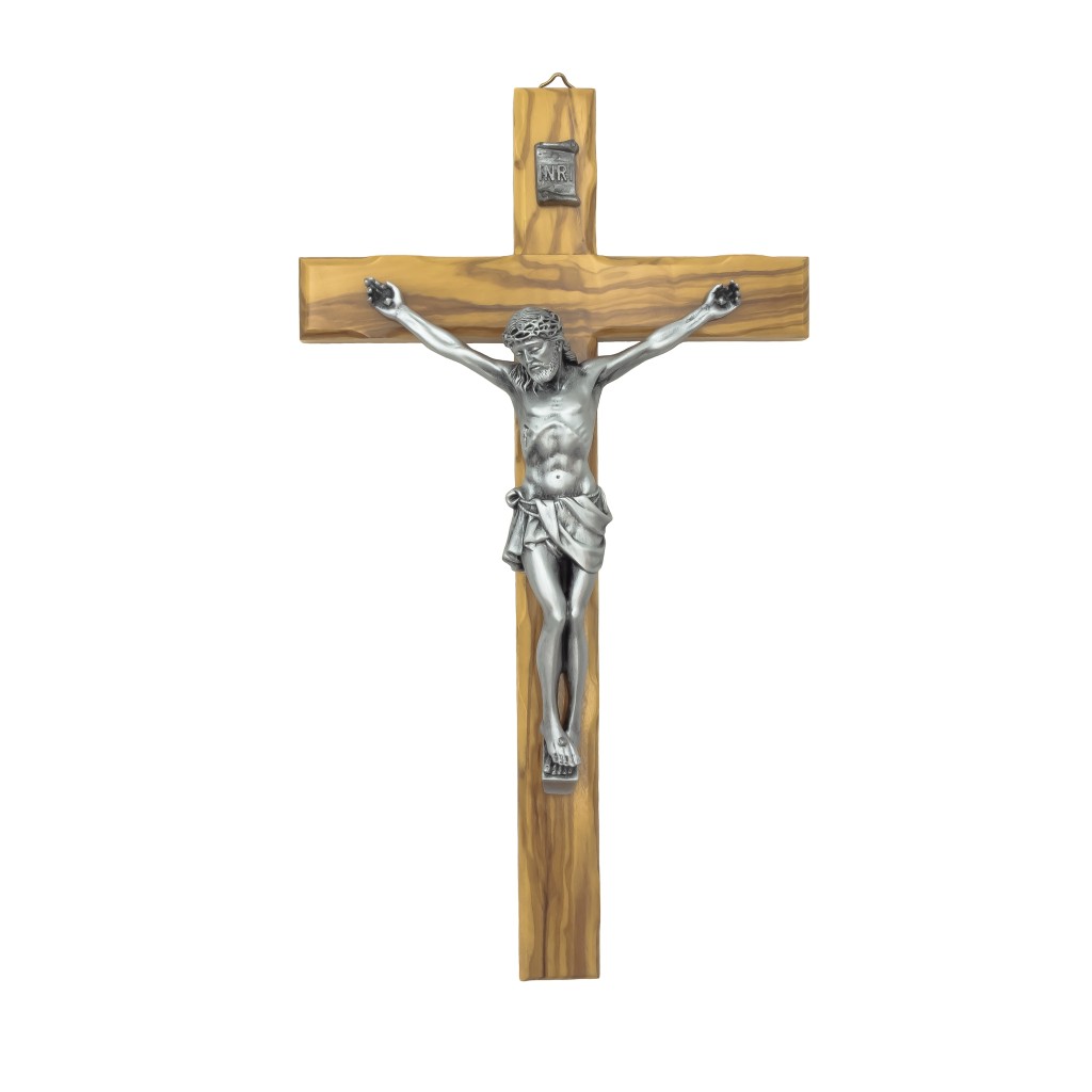 Crucifixo Madeira Oliveira C/Cristo Argentado20x35