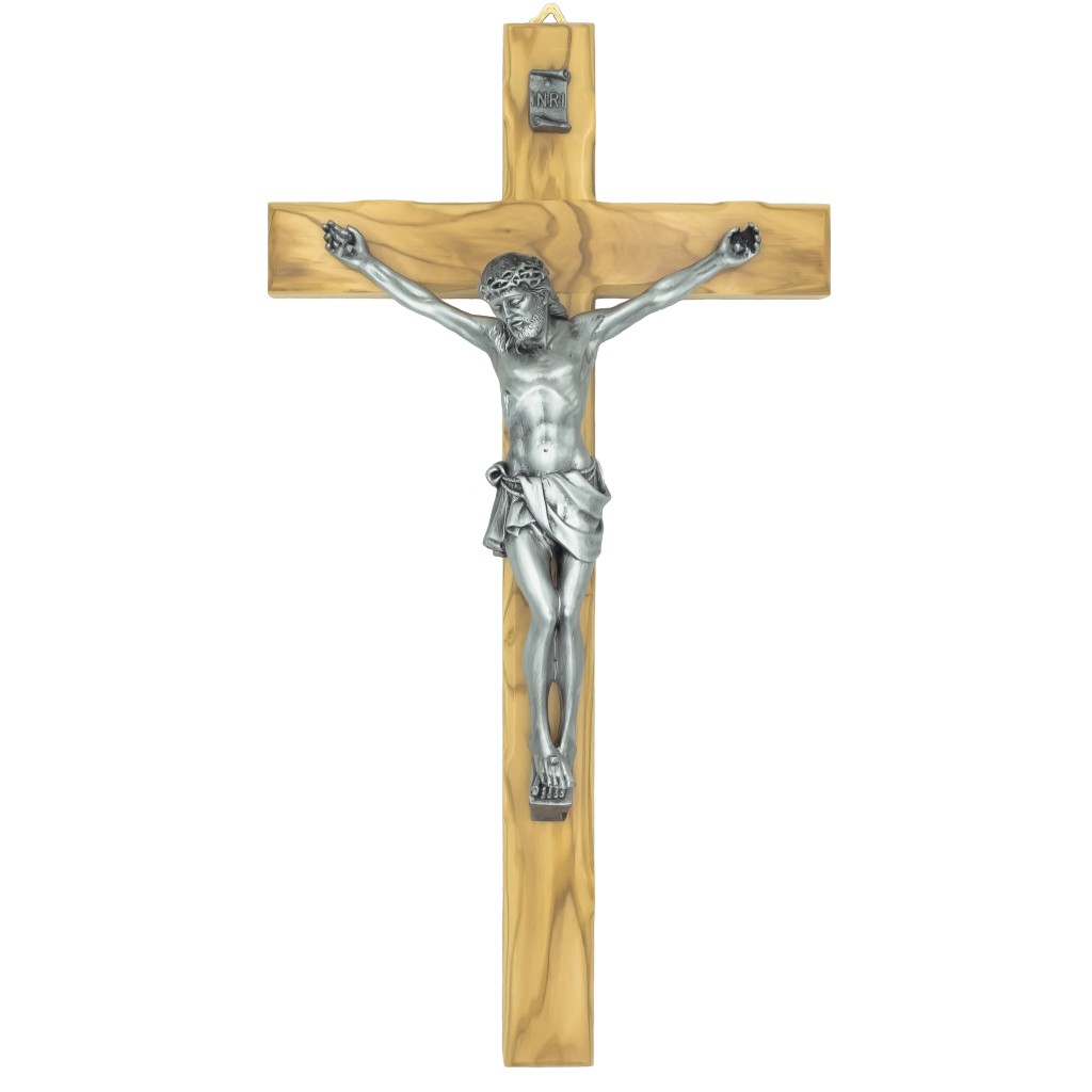 Crucifixo Madeira Oliveira C/Cristo Argentado27x50