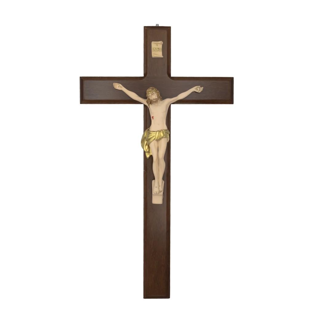 Crucifixo Madeira C/ Cristo Bege + Ouro 50cm