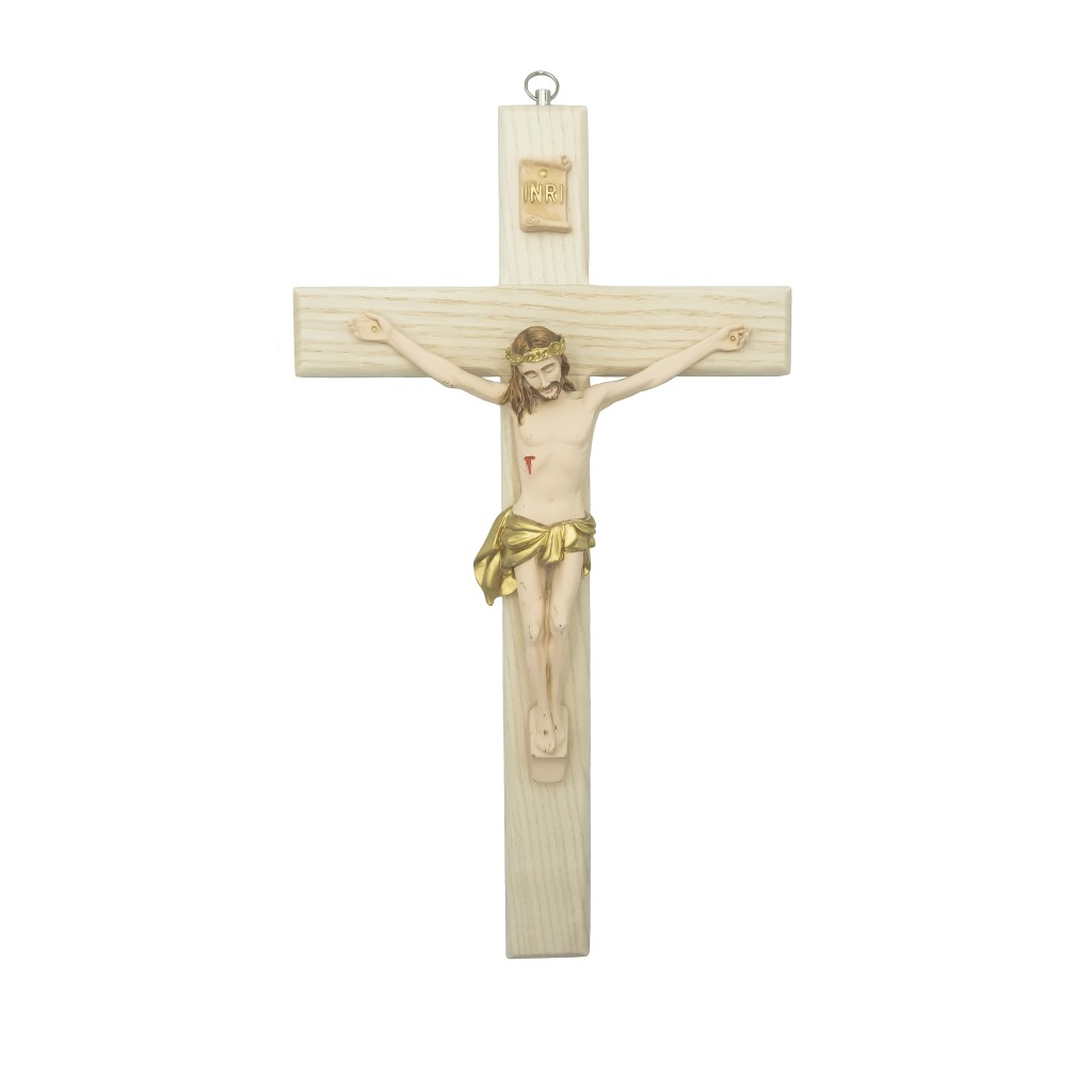 Crucifixo Madeira C/ Cristo Bege+Ouro 32x17cm